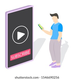 man using smartphone. social media advertising. vector illustration