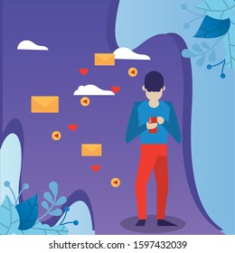 man using smartphone with social media app vector illustration design