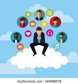 man using a smartphone and social media icons around over sky background. colorful design. vector illustration