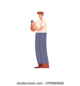 man using smartphone standing character