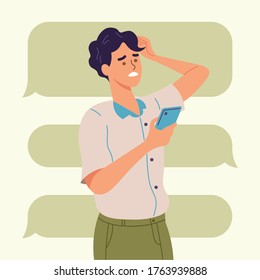 Man using a smartphone. A stressful man holding a phone to texting, read online news, chatting, play games, social media, usability. Person using gadget. Flat style vector illustration.