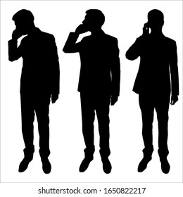 Man using smartphone and tablet. Vector illustration of silhouettes of men with a phone in their hands. Set of silhouettes of a businessman in a suit. A man is talking on the phone. Talking people.