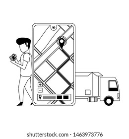 man using smartphone technology for logistic and delivery tracing by gps location app cartoon vector illustration graphic design