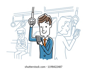 A man using a smartphone in a train