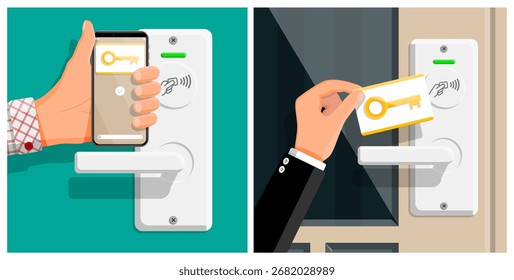 Hombre que usa el smartphone para abrir la puerta. Hombre de negocios con tarjeta de llave electrónica. Sistema inteligente de acceso a habitaciones de hotel. Concepto de gestión hotelera.