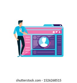 man using smartphone with webpage template vector illustration design