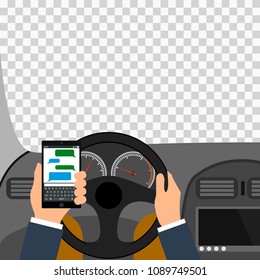 Man using smartphone while driving the car, traffic accident graphic design conceptual vector illustration