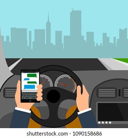 Man using smartphone while driving the car, traffic accident graphic design conceptual vector illustration