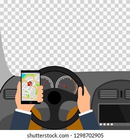 Man using smartphone while driving the car, traffic accident graphic design conceptual vector illustration. City map colored illustration for navigation program or mobile app.