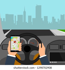 Man using smartphone while driving the car, traffic accident graphic design conceptual vector illustration. City map colored illustration for navigation program or mobile app.