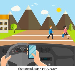 Man using smartphone while driving, vector illustration