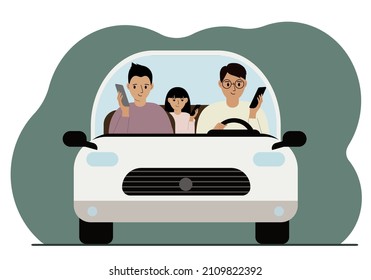 Man using smartphone while driving a car. A man is carrying his family in a car. Driving hazard. Vector flat illustration