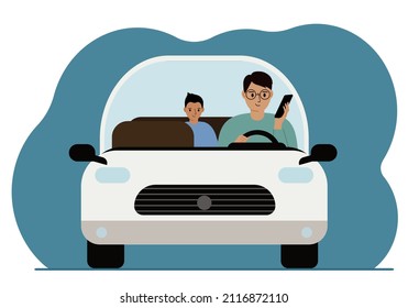 Hombre usando un smartphone mientras conduce un auto. Un hombre lleva a su hijo en un coche. riesgo de conducir. Ilustración plana del vector