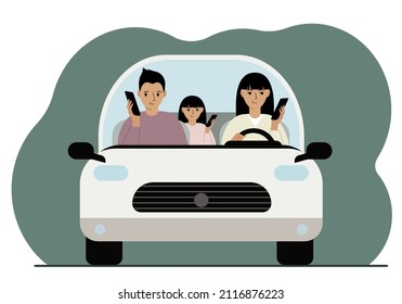 Man using smartphone while driving a car. A man is carrying his family in a car. The driver and passengers in medical masks. Driving hazard. Vector flat illustration