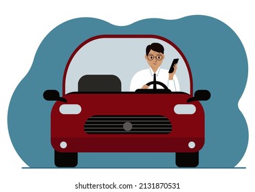 Hombre usando un smartphone mientras conduce un auto. Riesgo de conducción. Ilustración plana del vector