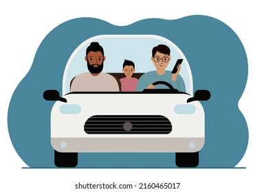 Hombre usando un smartphone mientras conduce un auto. Un hombre lleva a su familia en un coche. Riesgo de conducción. Ilustración plana del vector