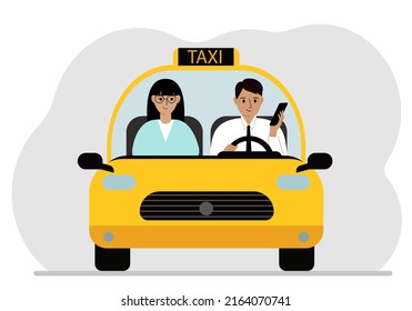 A man using a smartphone while driving a taxi, next to a woman passenger. Driving hazard. Vector flat illustration