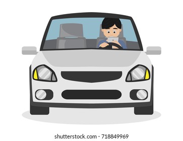 Man using smartphone while driving. Cartoon Vector. Isolated on White Background.