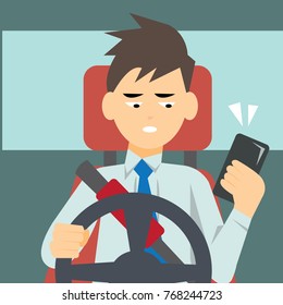 Hombre usando un smartphone mientras conduce la caricatura del vector del auto