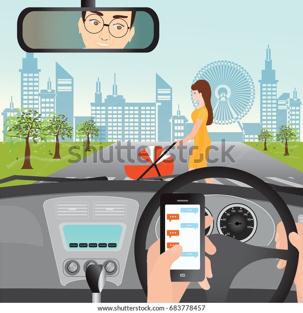 ベビーカーを持つ女性が道路を渡る時に スマートフォンを使って車を運転する男性 交通事故のグラフィックデザインのコンセプトベクターイラスト のベクター画像素材 ロイヤリティフリー