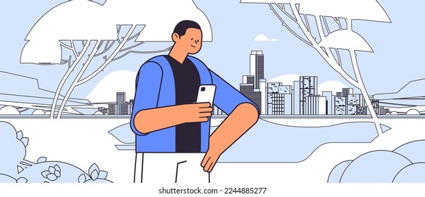 man using smartphone while walking in urban park social media communication digital addiction concept