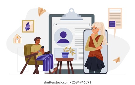 Man using smartphone, woman appearing from mobile screen, clipboard with profile on white background. Concept of digital recruitment