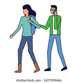 man using smartphone and woman with bag vector illustration