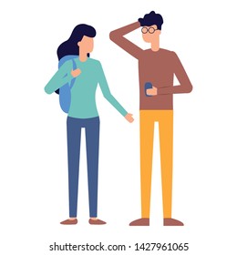 man using smartphone and woman with bag vector illustration