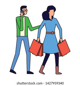 man using smartphone and woman with shopping bag vector illustration