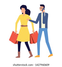 man using smartphone and woman with shopping bag vector illustration