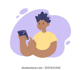 Man using a smartphone. Young positive character. Concept for business, technology, services