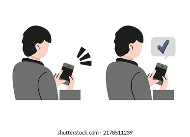 Man using smartphones with different expressions. Male holding a phone to texting, read online news, chatting, play games, social media, usability. Flat style vector illustration