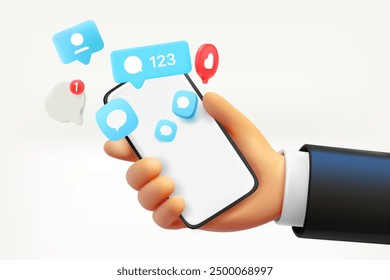 Man using social media network with smartphone. 3d vector illustration