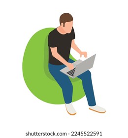 Man using social media on laptop 3d isometric icon vector illustration