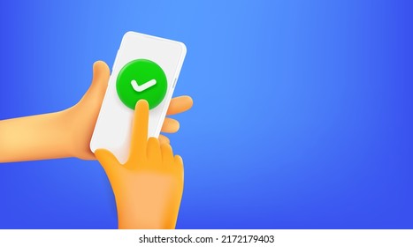 Hombre usando un teléfono móvil social, presionando el botón de verificación. Banner vectorial 3d con espacio de copia
