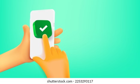 Man using social mobile phone, pressing check button. 3d vector banner with copy space