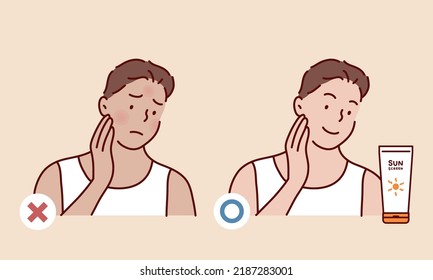 man using sunscreen and woman getting sunburned. before after image. Hand drawn style vector design illustrations.