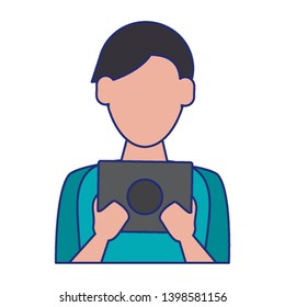 man using tablet blue lines