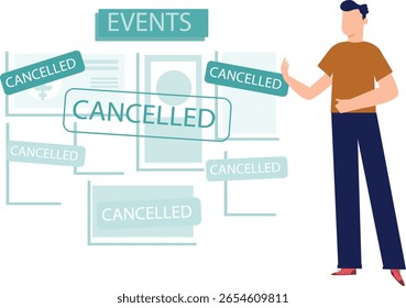 Um homem usando um tablet para cancelar eventos agendados, olhando para um calendário com desapontamento e frustração, tocando na tela para fazer alterações.