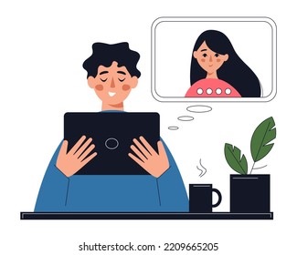 Man using tablet for communication via internet. Diverse online conversations, virtual video meeting at distance. Vector flat illustration.
