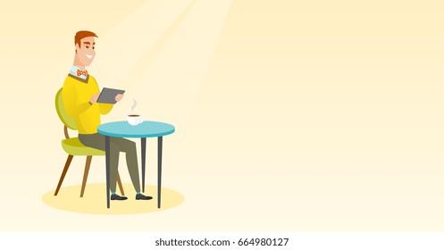 Man using a tablet computer in the cafe. Man surfing in the social network. Man rewriting in the social network in the cafe. Social network concept. Vector flat design illustration. Horizontal layout.