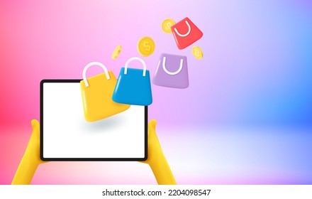 Man using tablet computer for online shopping. 3d vector banner with copy space