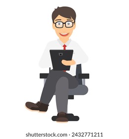 Hombre usando una tableta. Consultor sentado en un sillón, ilustración vectorial