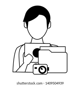 man using tablet with documents and camera icon cartoon vector illustration graphic design black and white