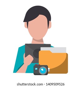 man using tablet with documents and camera icon cartoon vector illustration graphic design