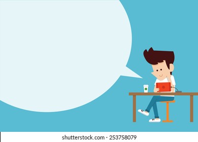 man using tablet flat design cartoon.