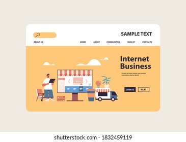 man using tablet online shopping application internet business e-commerce digital marketing concept horizontal full length copy space vector illustration