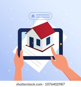 A man using tablet recive the data about real estate object with augmented reality. Concept of easy accessible information for reciving data with augmented reality. Vector flat design illustration.