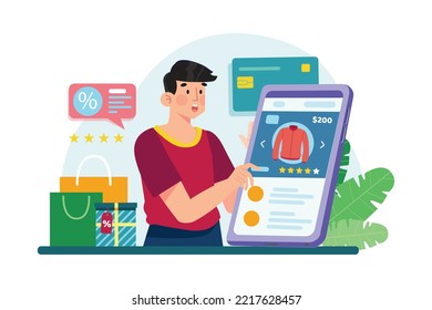 Man using tags promotion for shopping online on mobile commerce.