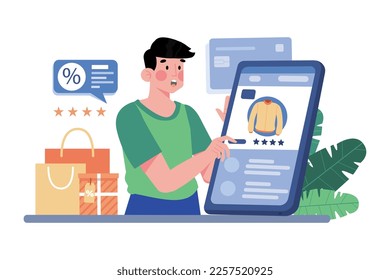 Man Using Tags Promotion For Shopping Online On Mobile Commerce